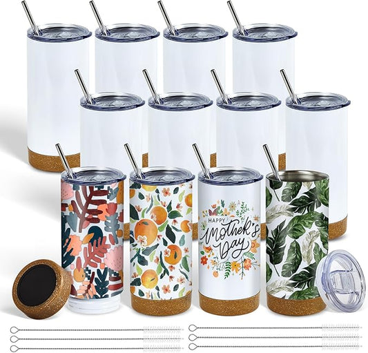 12 Pack 17 oz Insulated Sublimation Tumbler Bulk, Stainless Steel Double Wall Cups with Cork Silicone Base & Lid & Metal Straw, White