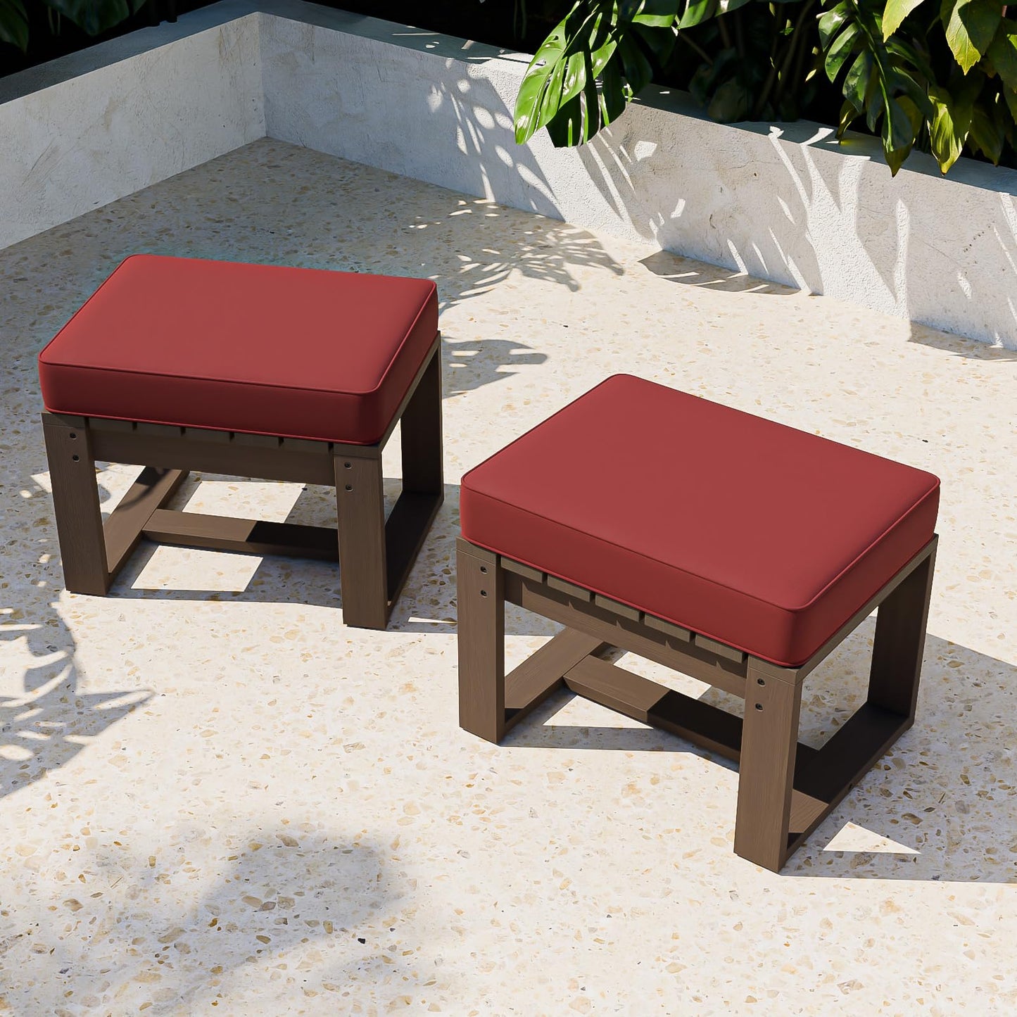 COOS BAY Natural Cedar Outdoor Patio Ottomans with Removable Cushions, Set of 2, Real Wood Footrests for Deck, Porch, Balcony, and Backyard, Brownish/Red