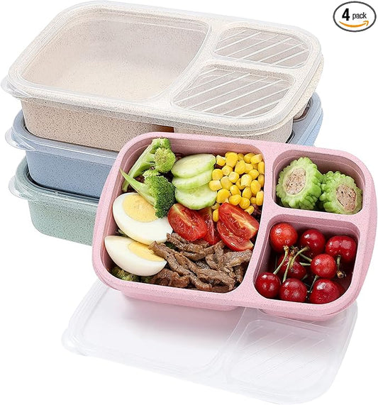 buluker 4 Pack Bento Lunch Box Set 3 Compartment Food Storage Containers Wheat Straw Meal Prep Lunch Box Plastic Food Storage Containers, Microwave and Dishwasher Safe (light colour)
