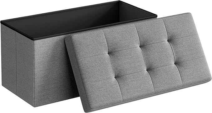 SONGMICS MAZIE Collection - 30 Inches Folding Storage Ottoman Bench, Ottoman Foot Rest, End of Bed Bench, Storage Chest, Load 660 lb, for Living Room, Bedroom, Entryway, Light Gray ULSF47G