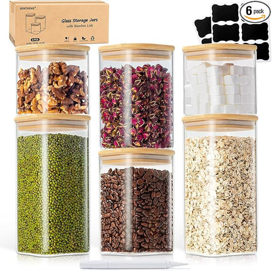 SENTVEND 24 Oz/ 37 Oz/ 51 Oz Glass Storage Jars with Bamboo Lids - 6 Pack Clear Glass Canisters Square Airtight Stackable Ideal for Pantry Storage Containers Great for Cereal Coffee Beans Snacks etc