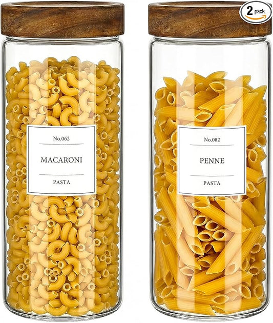CONNOO 2-Pack 50oz Glass Storage Containers with Wood Lids – 120 Waterproof Labels Included – Tall Airtight Pantry Organizers for Short Pasta, Flour – Modern Kitchen Decor