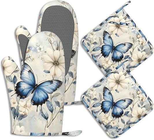 Oven Mitts and Pot Holders Sets Blue Butterfly Silicone Kitchen Mits Potholders Spring Floral Heat Resistant 4Pcs Oven Gloves Hot Pads for Baking Cooking BBQ Grilling Home Decor