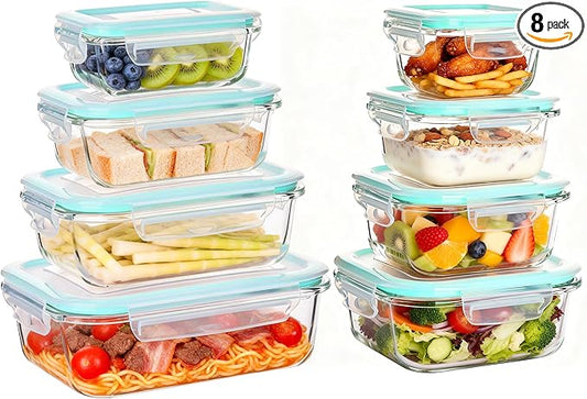 Liuruiyu 8 Pack Glass Food Storage Containers with Lids, Meal Prep Containers, Airtight Bento Boxes with Leak Proof Locking for Microwave, Oven, Freezer and Dishwasher, BPA Free（5oz to 36oz）