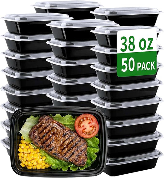 Meal Prep Containers, 50 Pack 38oz (100-Piece) Extra Thick Disposable Take Out Food Storage Containers with Lids, Large Plastic To Go Lunch Boxes, BPA Free, Microwave/Dishwasher/Freezer Safe