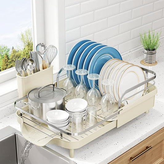 SNTD Dish Drying Rack, Expandable Dish Rack for Kitchen Counter, Stainless Steel Dish Drainer with Drainboard Set and Utensil Holder (Beige)