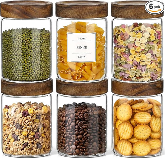 CONNOO 28oz Glass Storage Jars with Wood Lids (6-Pack) – Includes 120 Pre-Printed Waterproof White Kitchen Labels – Airtight Pantry Containers for Rolled Oats, Pasta & Cereals