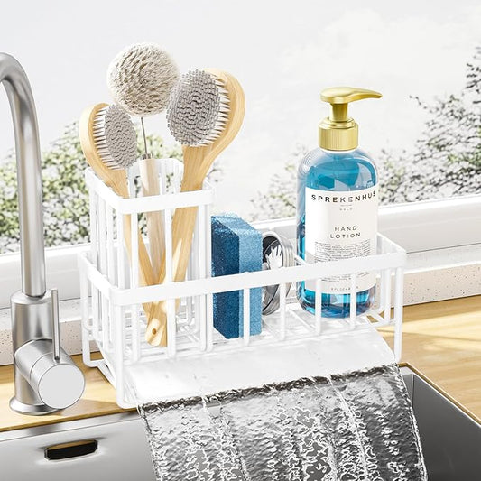 Kitsure Sponge Holder for Kitchen Sink - Rustproof Stainless Steel Sink Caddy Organization and Storage Essentials with High Brush Holder, Home Decor Accessories, 7.9" x 3.7" x 6.2", White