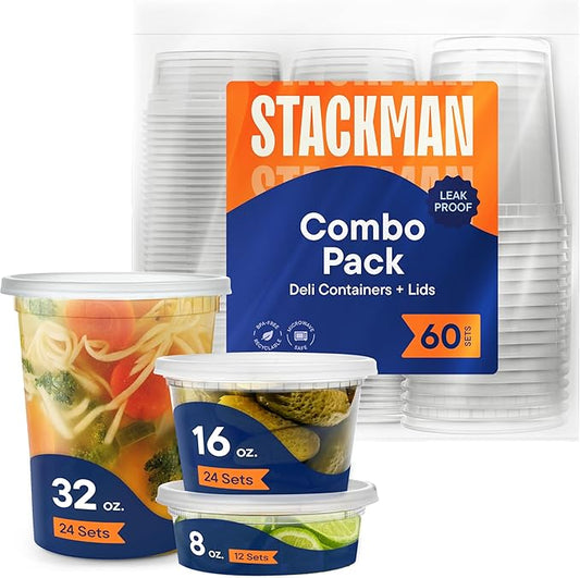 Stack Man [60-Sets] Plastic Deli Food Storage Containers with Airtight Lids Combo Set | 32 oz | 16 oz | 8 oz. | Disposable Plastic Takeout Containers for Soup - Freezer, Microwave and Dishwasher Safe