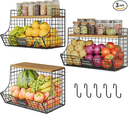 3 Pack Extra Large Fruit Basket for Kitchen with Wood Lid Nameplate - Counter&Wall Mounted Onion and Potato Storage Bin, Stackable Metal Hanging Wire Baskets,15.74 * 8.66 * 10.63 inch