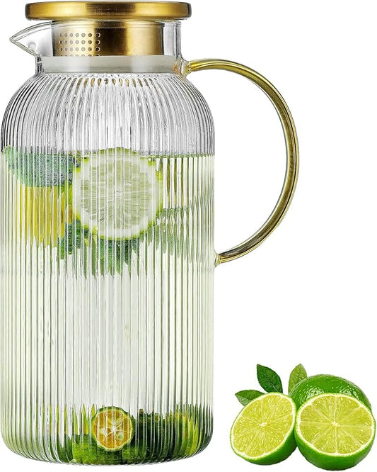 Buaic Glass Pitcher with Lid, 68 oz/2 Liter Classic Vertical Stripes Water Pitcher,Glass Water Carafe for Cold Brew, Coffee, Lemonade, Iced Sun Tea,Beverage,Milk, Heat Resistant