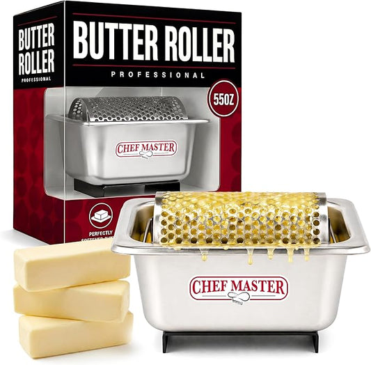 Stainless Steel Butter Spreader Dispenser – Stick Butter Roller for Buns & Bread - Holds 3 Sticks (55 oz) - Dishwasher Safe Wheel for Griddle & Flat Tops by Chef Master - 90021