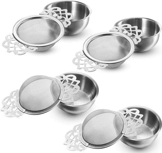Hotop 4 Pack Fine Mesh Tea Strainer with Bowl, Stainless Steel Tea Infusers Strainers Tea' Filter with Handle for Loose Tea' Juice Coffee Filter, Fit 2.5-4 Inch Cup Mouth (Sliver)