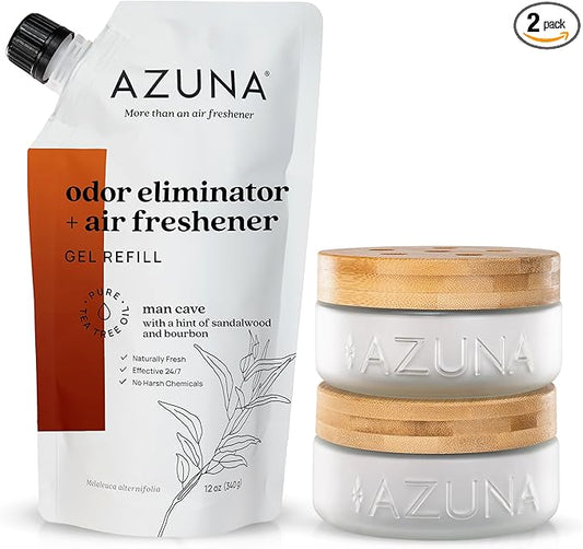 Azuna Air Freshener & Odor Eliminator for Strong Odor | 2 Room Kit Includes (2) Empty Luxe Glass Jar & 12oz Gel Refill with Tea Tree Essential Oil | Sandalwood Scent | Last 60-90 Days