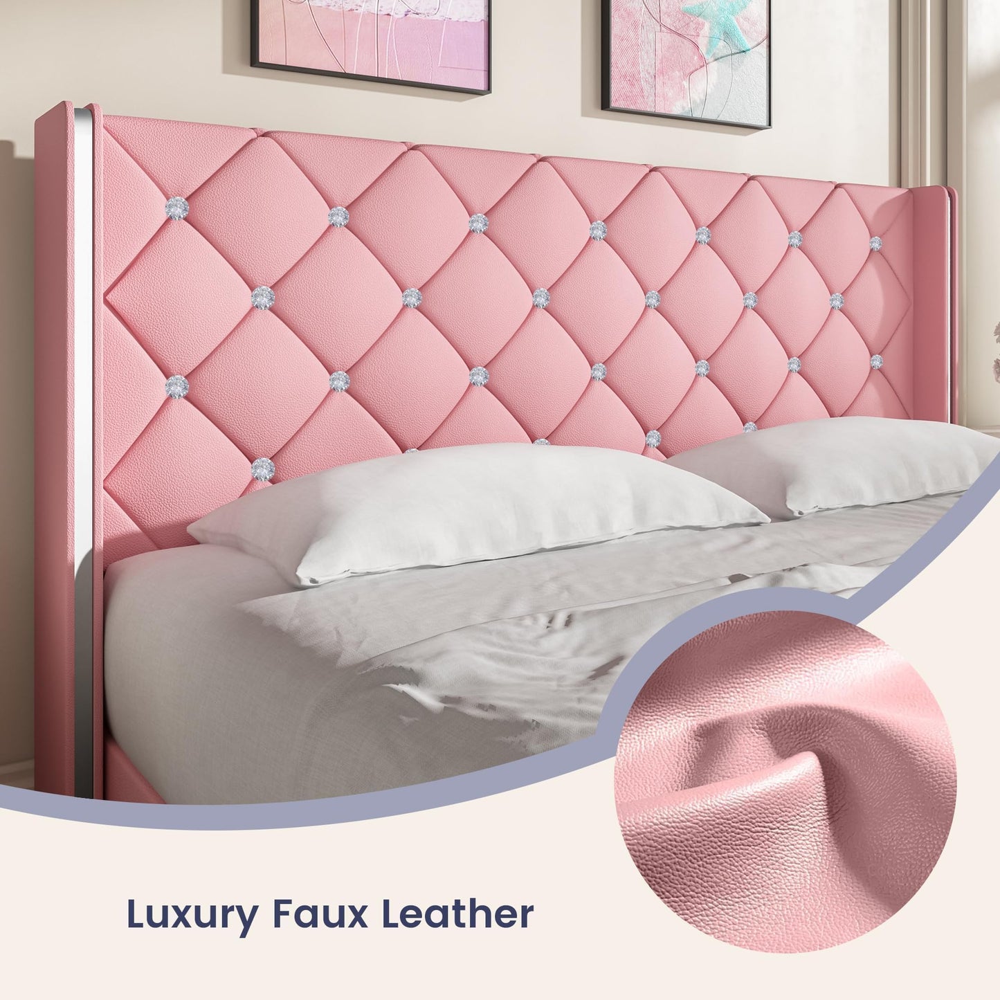 Bed Frame Queen Size with Headboard, Velvet Upholstered Bed with Diamond Tufted Design, Modern Queen Bed Frame, No Box Spring Required, Easy Assembly, Pink