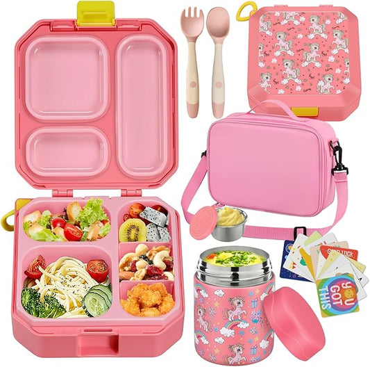 wiwens Bento Lunch Box for Kids with 12oz Soup Thermo Leak-Proof Lunch Food Container with 5 Compartment Thermo Hot Food Jar and Insulated Lunch Bag for Kid Toddler Girls Boys to School
