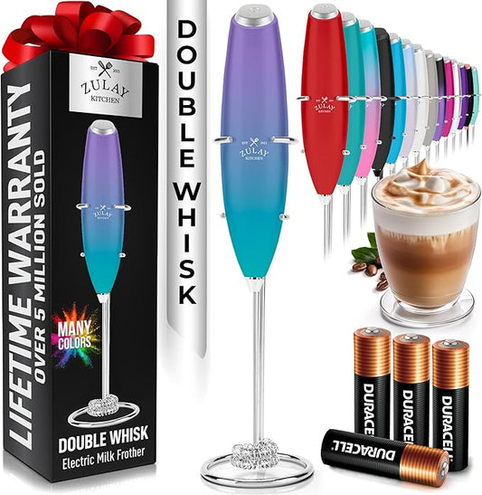 Zulay Kitchen Whisk Milk Frother with 4 Duracell Batteries - Powerful Handheld Foam Maker for Coffee, Lattes, Matcha, Hot Chocolate & Cappuccinos - Whip Creamy Froth in Seconds