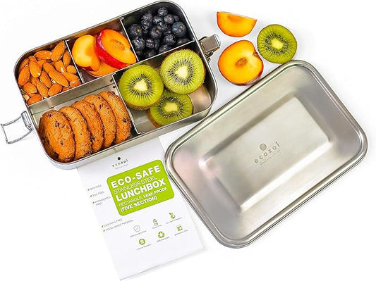 ecozoi Stainless Steel Lunch Box, 1-Tier Metal Bento Box Leak Proof with 5 Compartments, 50 Oz Metal Lunch Container, Meal Prep Food Container, with 50 ml Sauce Container