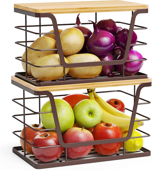 ALOCEO 2 Pack Stackable Wire Storage Basket with Bamboo Lip, Trash Bag Dispenser Under Sink for 4-13 Gal Bags, Kitchen Storage Bins for Potato and Onion, Brown