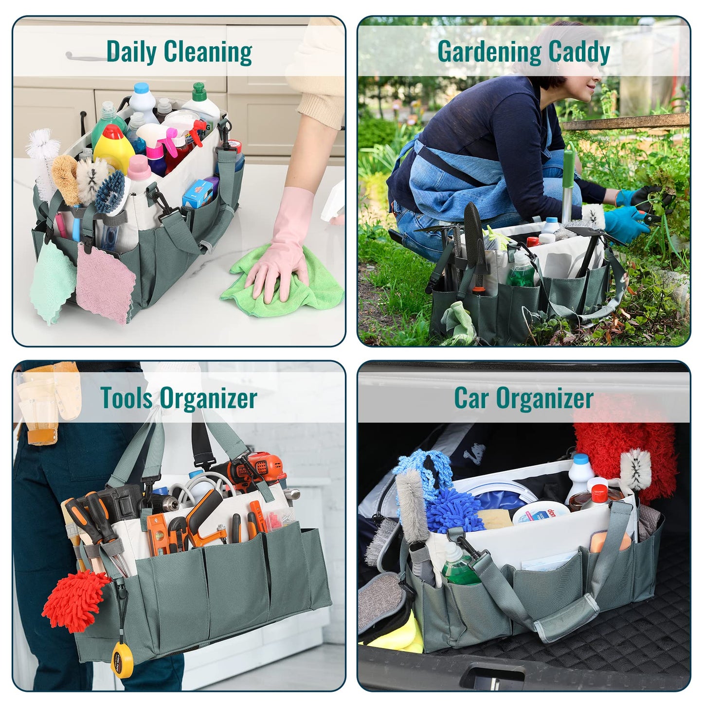 LANDNEOO Cleaning Caddy Organizer with Handle, Wearable Bag for Supplies, Tote Shoulder and Waist Straps, Under Sink Tool Multiple Compartments (Large) (QJB-BLS)