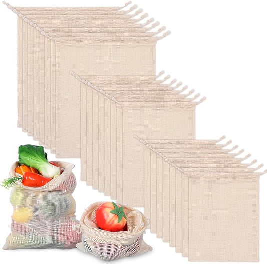 18 Pack Reusable Produce Bags Reusable Washable - Vegetable Grocery Cotton Mesh Bags for Farmers Market, Beach, and Refrigerator Storage Vegetables (6xS, 6xM, 6xL)