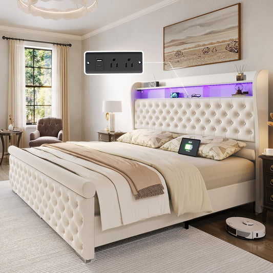 ROCHECASA Queen Bed Frame with Bookcase Storage and Charging Station, 50.6" Tall Velvet Upholstered Sleigh Bed with LED Light, No Box Spring Needed, Easy Assemble, Cream
