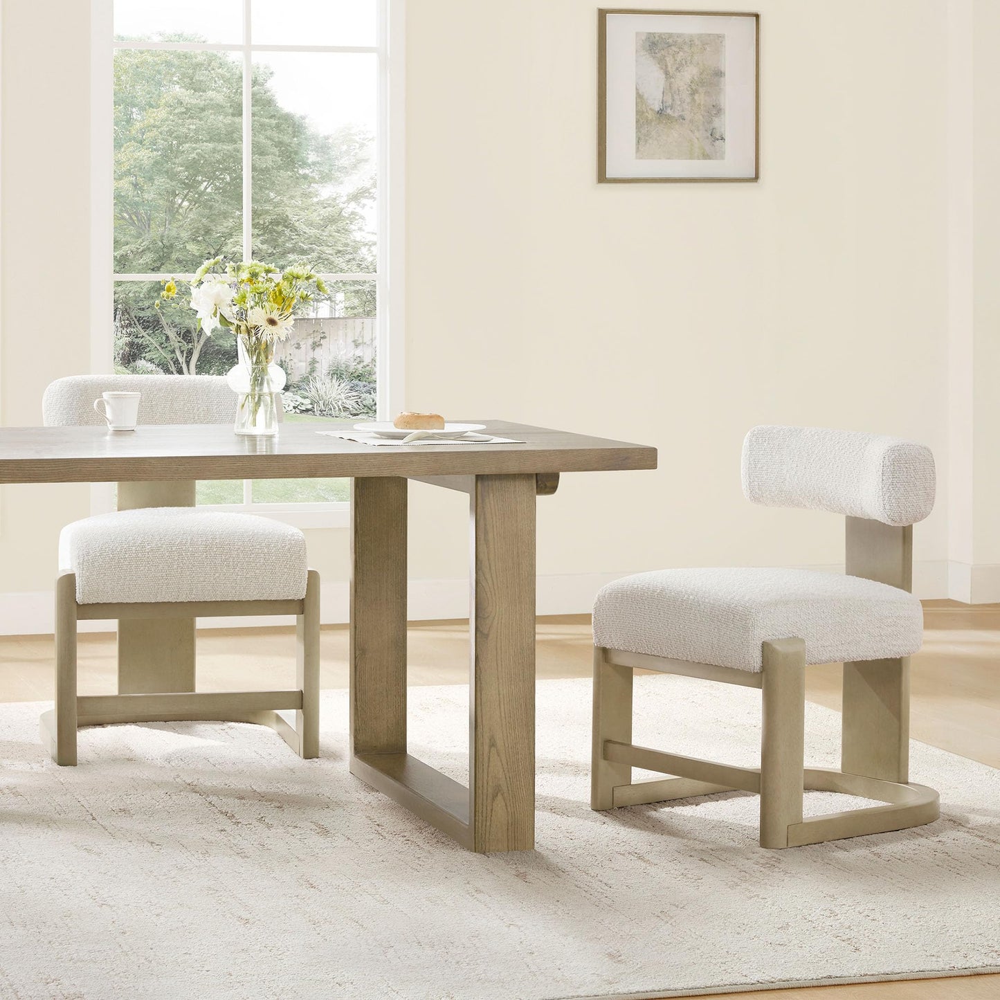 CHITA Upholstered Dining Chairs Set of 2, FSC Certified Mid Century Modern Kitchen & Dining Room Chairs, Fabric in Pearl (White), Solid Wood Frame in Gray Finish