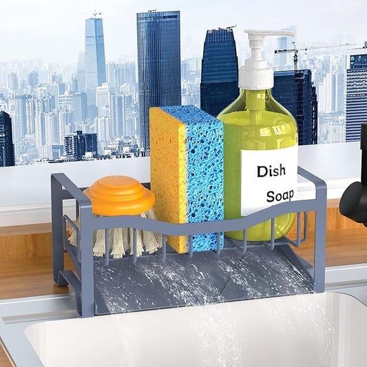 Maifan Stainless Steel Kitchen Sink Caddy Organizer with Auto Drain Tray, Sponge Holder for Countertop Storage Grey Blue