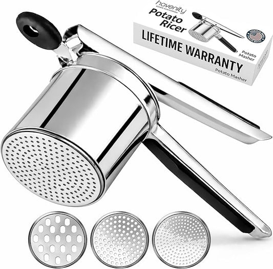 Large 15oz Potato Ricer with 3 Discs - Heavy Duty Stainless Steel Potato Masher and Ricer for Mashed Potatoes | Non Slip Baby Food Squeezer, Kitchen Gadget Tool for Food Press & Food Mill