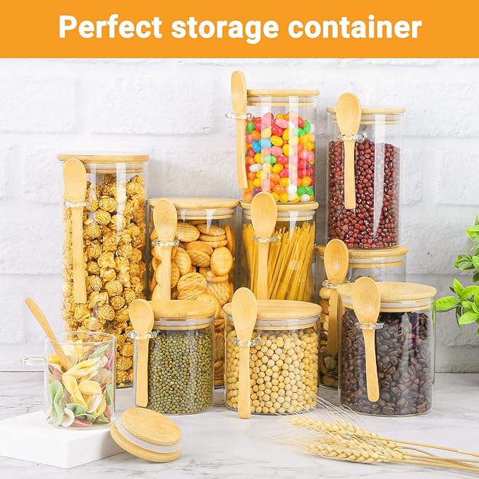 Glass Jars with Bamboo Lids and Spoon - 2 Pack 44 Fl.oz Round Pasta Storage Containers with Airtight Lid, Includes Labels, Marker and Brush, Large Kitchen Pantry Canisters for Rice, Noodles
