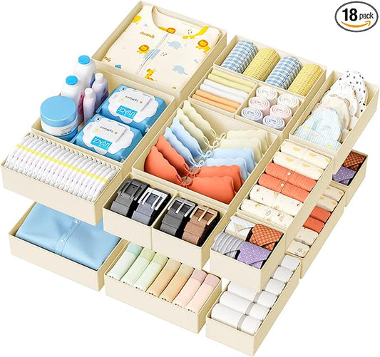 DIMJ Drawer Organizer Clothes - 18 Pack Closet Drawer Organizer Bins for Baby Clothes Storage, Fabric Dresser Organizer for Nursery Bedroom, Foldable Small Drawer Dividers for Underwear Socks