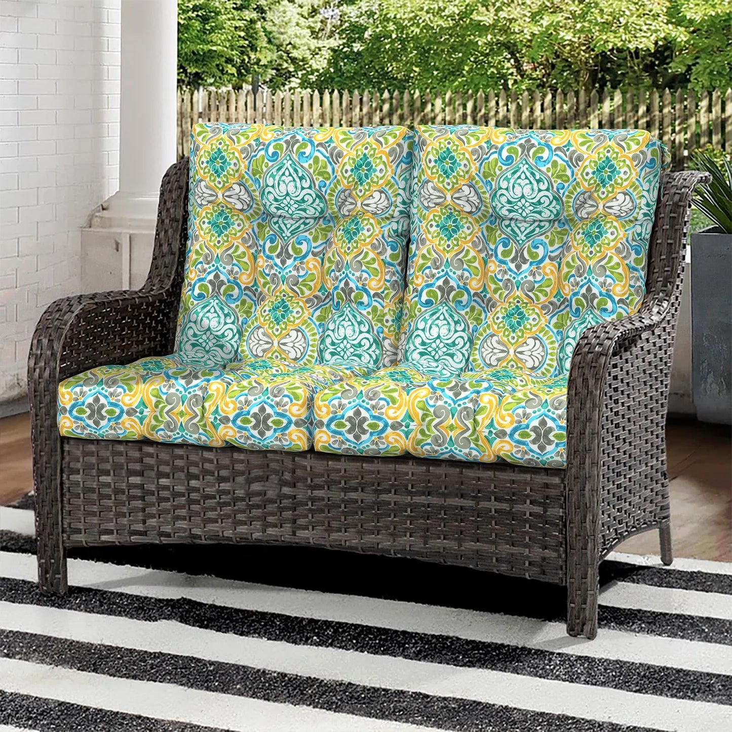 Melody Elephant Outdoor Chair Cushions, Tufted Back Patio Furniture Cushions Set of 2, Water Repellent Wicker High Back Chair Cushion for Home Garden Lounge Deep Chairs, 42x21x4 Inch, Damask Green