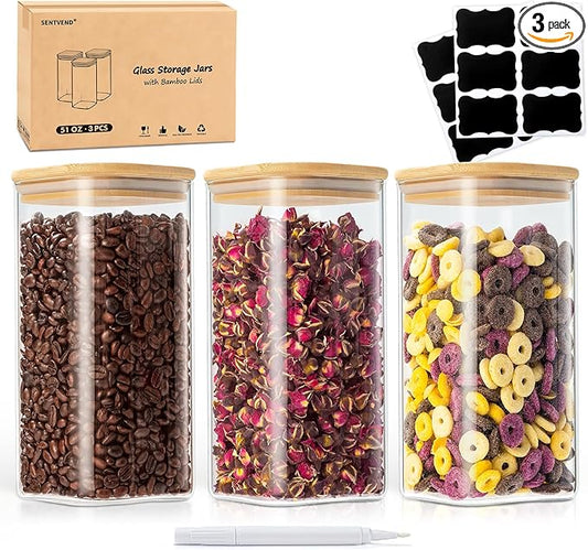 SENTVEND 51 Oz Glass Storage Jars with Bamboo Lids - 3 Pack Clear Glass Canisters Square Airtight Stackable Ideal for Pantry Storage Containers Great for Storing Oats Coffee Beans Pasta Flour Rice etc