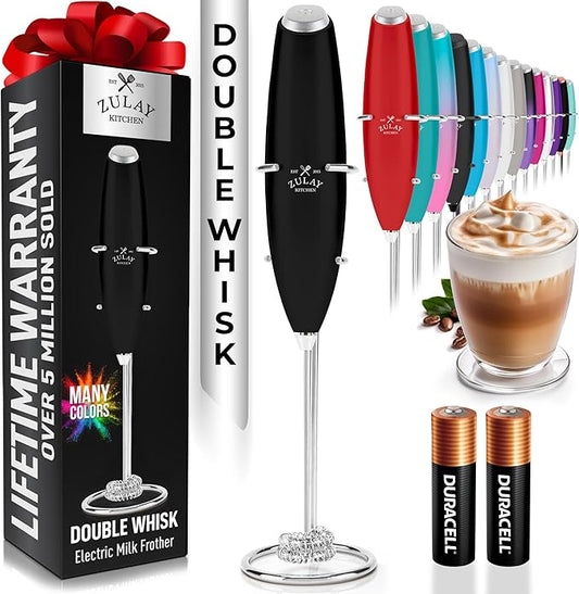 Zulay Kitchen Double Whisk Milk Frother with 2 Duracell Batteries - Powerful Handheld Foam Maker for Coffee, Lattes, Matcha, Hot Chocolate & Cappuccinos - Whip Creamy Froth in Seconds