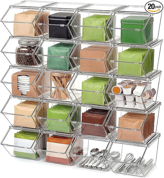 Yerliker 20 Pcs Clear Plastic Storage Bins with Lids Large Stackable Pantry Storage Organizer Bins Kitchen Organization Cabinet Organizers Ideal Containers for Fridge, Kitchen, Cabinets (Clear)