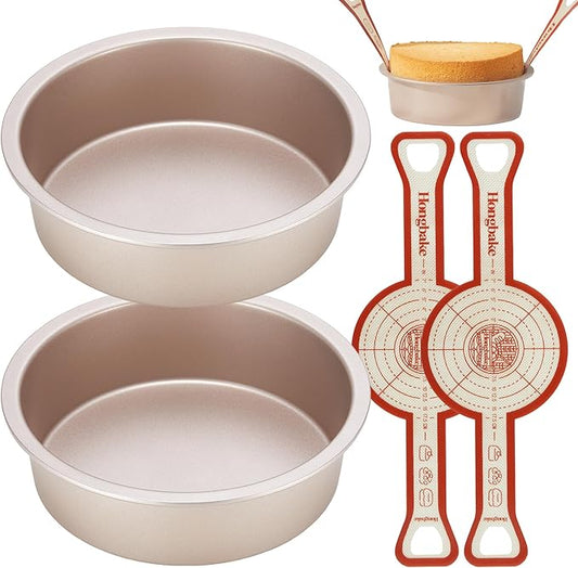 HONGBAKE 8 Inch Round Cake Pan Set for Baking with 2 Pcs Silicone Baking Sling Mats, Nonstick Circle Cake Pans Set of 2, 2.5" Deeper Layer Cake Tin for Oven, Cheesecake Mold, Huty Duty, Golden