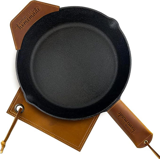 GROBRO7 3Pcs Cast Iron Skillet Hot Handles Covers Set Happiness is Homemade Panhandle Sleeve Side Grip Cover, Leather Handmade Pot Holder Heat Resistant Reusable Assist for Pan Kitchen Utensils Brown