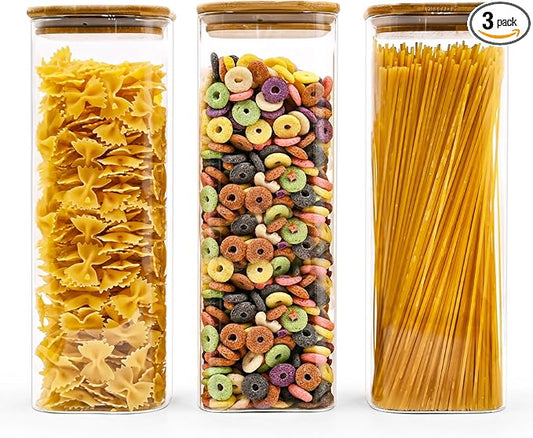 SHOWIN Glass Pasta Storage Jars Square 73oz, 3 Pack Glass Jars With Bamboo Lids, Tall Kitchen Storage Containers For Pasta, Storage For Pantry Organizers