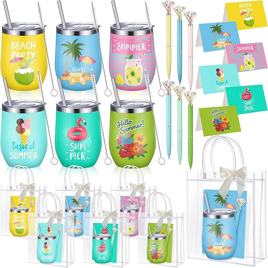 Patelai 36 Pcs Summer Theme Gift Set for Men Women 12oz Stainless Steel Coffee Mug Colorful Cups with Lid and Straw Pens Card Bags Set for College Graduates Party Supplies