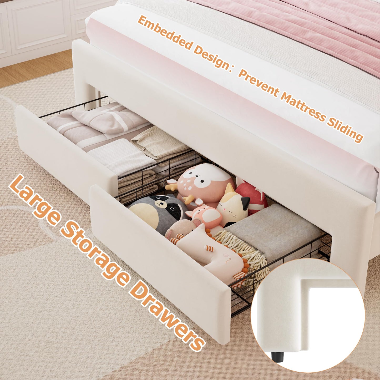Full Upholstered LED Bed Frame with 2 Storage Drawers and Adjustable Chic Double Wavy Headboard, Velvet Princess Platform Bed with Charing Station, Solid Wood Slats Support,No Box Spring Needed,Beige
