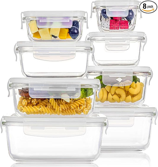 Vtopmart 8 Pack Glass Food Storage Containers with Airtight Lids, Glass Meal Prep Containers, Lunch Office Meal for Microwave, Oven, Freezer and Dishwasher, BPA Free