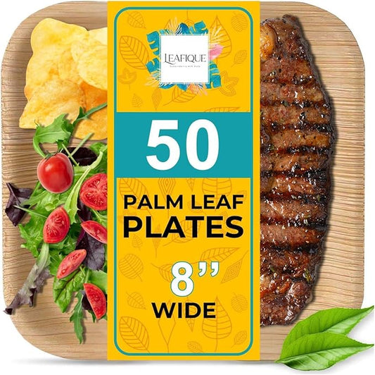 100% Natural 8” Palm Leaf Square Plate (50-pack), Compostable & Biodegradable Dinnerware for Catering, Birthdays, Cinco de Mayo, BBQs, Thanksgiving, Alternative to Paper & Bamboo Plates Disposable