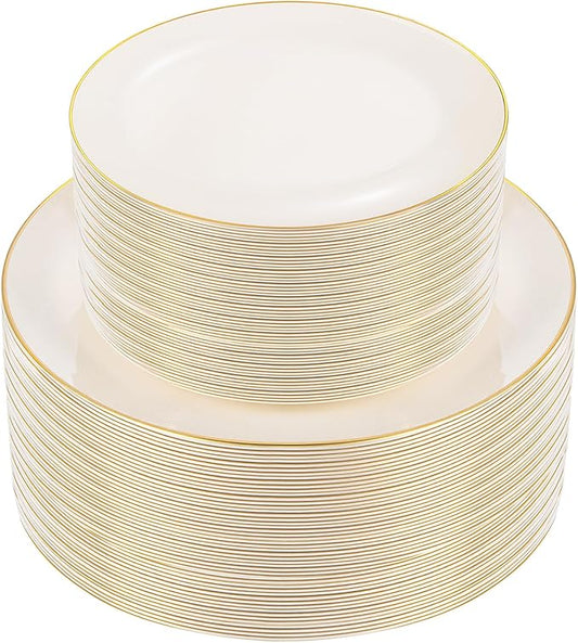 bUCLA 100PCS Ivory Plastic Plates with Gold Rim - Heavy Duty Cream Disposable Include 50 Dinner 10 inch & 50 Dessert 7 inch, for Party & Thanksgiving