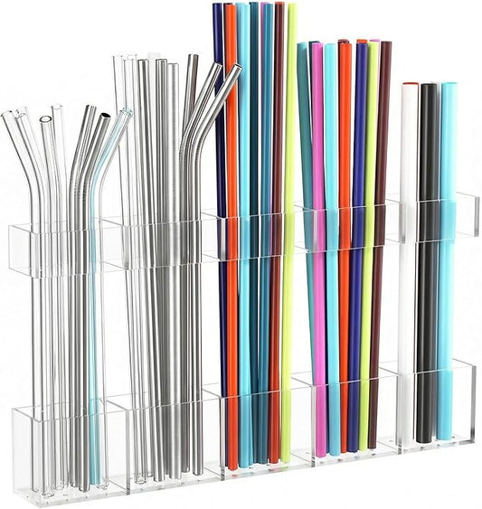 Straw Holder for Cabinet Door, Reusable Tumbler Straw Organizer Storage Container Mount for Kitchen Counter Cupboard Door (Transparent, 9.5inch)