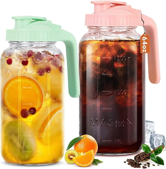 Mihlapi Glass Pitcher with Lid, 64 OZ Mason Jar Pitcher Double Leak Proof, 2 Quart Breast Milk Storage Containers for Fridge, Wide Mouth Glass Jar for Sun Tea, Juice, Cold Brew Coffee