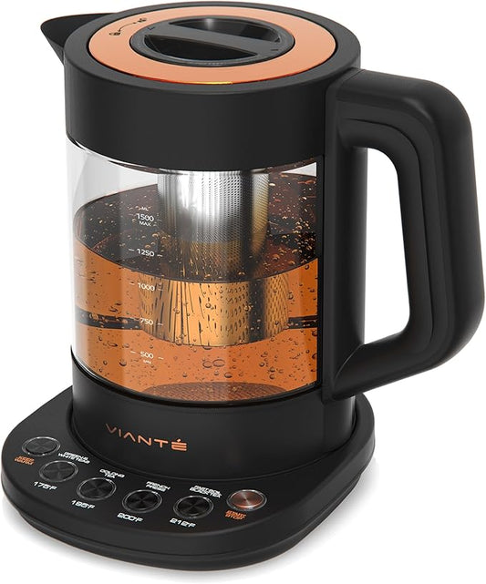 Vianté Electric Kettle With Infuser. No Plastic In Contact With Water. Hot Tea Maker With Temperature Control And Automatic Shut Off 1.5 Liters Capacity | Black Color