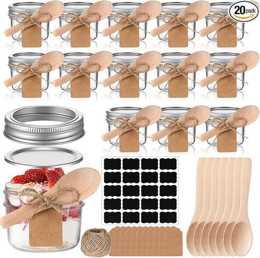 Baderke 20 Set Mini Mason Jars with Wood Spoon 4 oz Mini Jam Jars with Lids and Labels, Small Glass Canning for Jelly Spice Herbs Honey Storage Bridal Shower Wedding Favors DIY Candles(Silver)