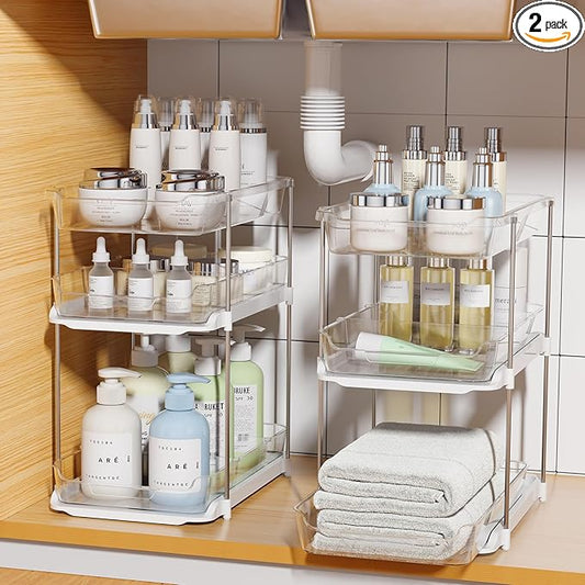 Delamu 2 Sets of 3-Tier Bathroom Under Sink Organizers and Storage, Multi-Purpose Stackable Pantry Organization and Storage, Pull Out Clear Kitchen Bathroom Cabinet Organizer with Movable Dividers | Storage, Multi-Purpose, Stackable, Pantry Organizatio...