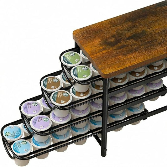 HFHOME Coffee Pod Holder with Wooden Top, Compatible with K-Cups, 4-Tier Coffee Capsule Storage Drawer, 56 Capacity Pods Organizer for Kitchen Counter, Home, Office, Black