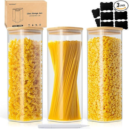 SENTVEND 73 Oz Glass Storage Jars with Bamboo Lids - 3 Pack Clear Glass Canisters Square Airtight Stackable Ideal for Pantry Storage Containers Great for Storing Oats Coffee Beans Pasta Flour Rice etc